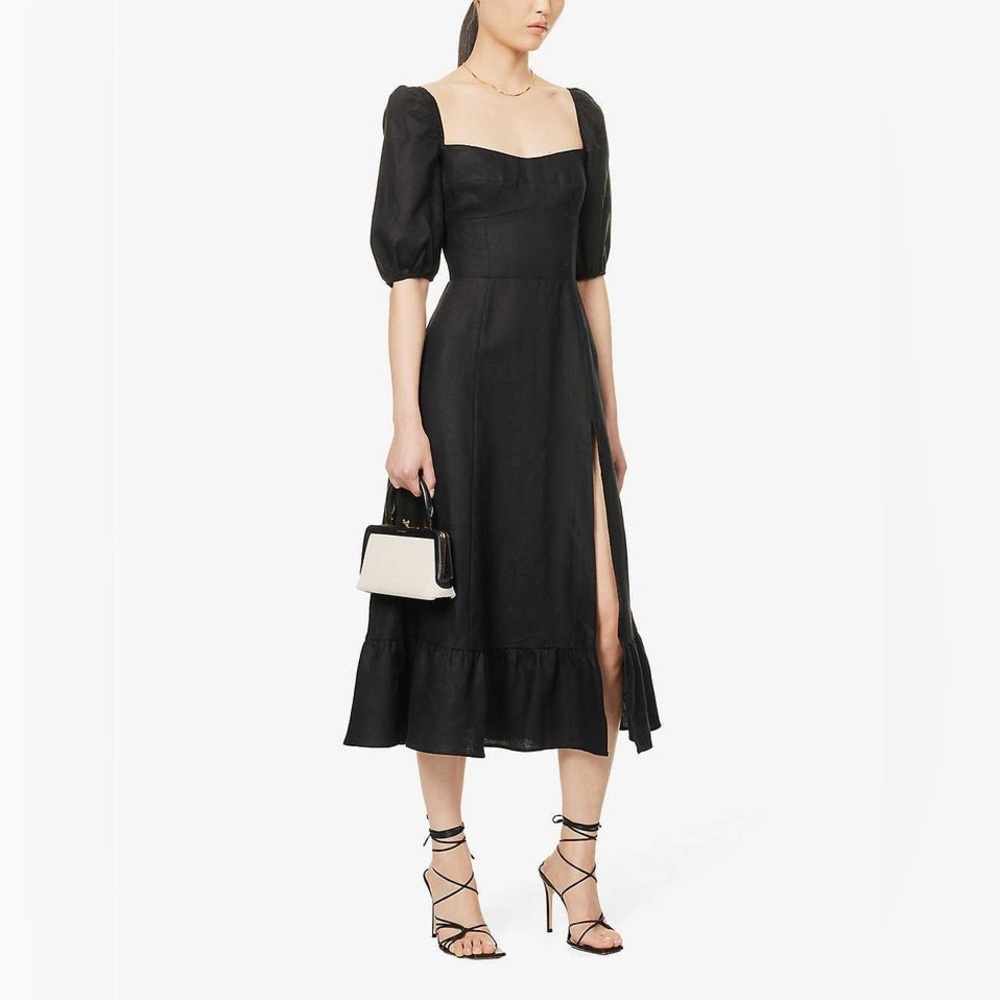 🔽NWOT Billy J Australia Dixie Linen Slit Puff Sleeve Midi Dress Black Size 16